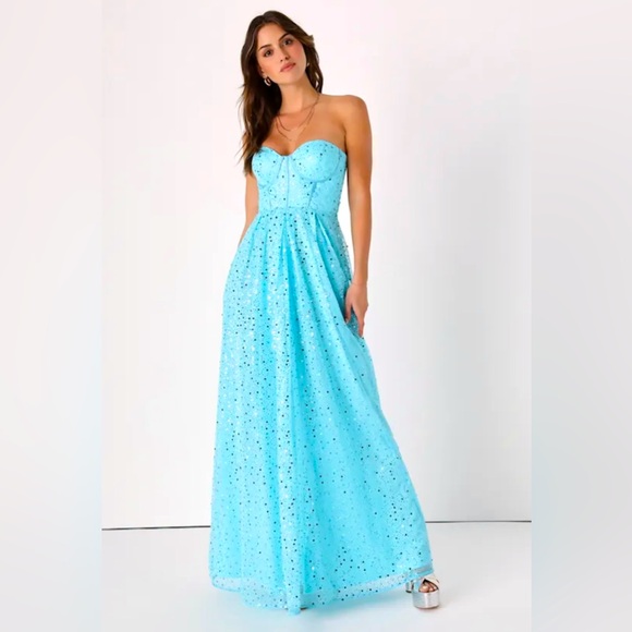 Lulus Radiant Reflection Blue Aqua Sequin Tulle Strapless Maxi Dress - Small - Picture 1 of 7